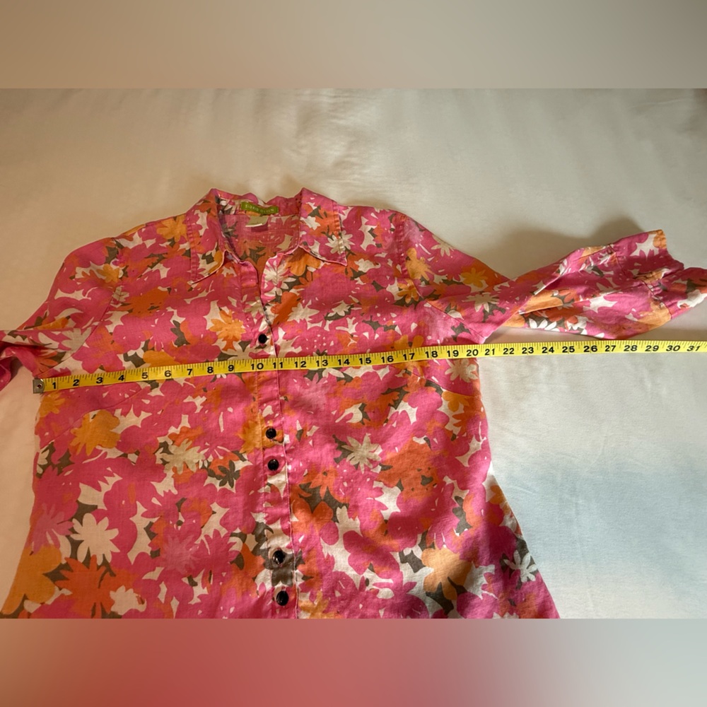 Sigrid Olsen 3/4 Sleeve Top Large Pink Orange Floral Linen Split Neck High Low - Picture 3 of 16